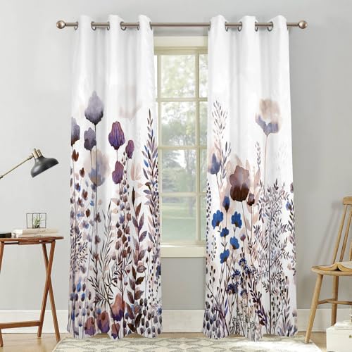 Renaiss Wild Flowers Blackout Curtains, Pastel Botanical Floral Print Thermal Insulated Bedroom Window Curtains, Nature Plants Window Curtains for Kitchen, 45" L x 29" W 2 Panel Set - color: Purple & Blue, size: 29"W x 45"L (Pack of 2)