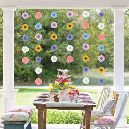 4PCS Flower Ceiling Decorations, Hanging Flowers Garland Spring Daisy Baby Shower Decorations for Girl Birthday Paper Floral Garland for Garden Fairy Tea Party Office Classroom Summer Decorations