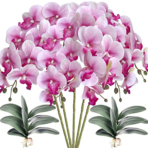 HinyoCo 5 Pcs Artificial Orchid Flowers and 4 Bundles Leaves, Artificial Phalaenopsis Flowers 32 Inch Stem Plants for Home Wedding Decoration (White Flower Purple Core) - color: White Flower Purple Core