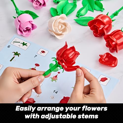 Rose Flower Bouquet Building Set: Artificial Flowers Botanical Collection Blocks Kit for Women Girls Wife Adults Home Decor Thanksgiving Christmas Mother's Day Valentine's Gifts 6-Pack - color: Red & Pink & White