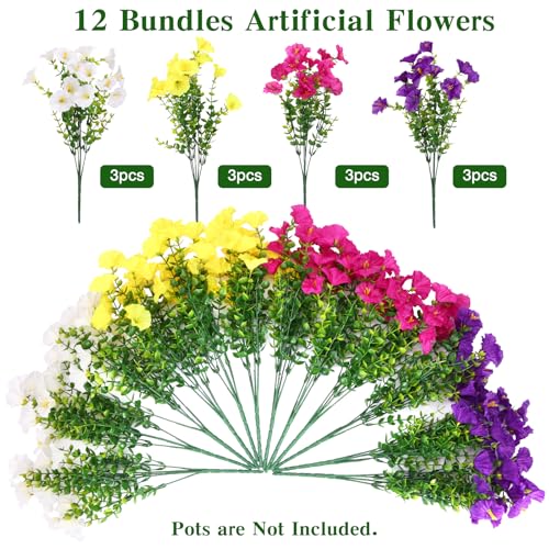 CEWOR Artificial Flowers for Outdoor Indoor, Fake Silk Morning Glory with Eucalyptus Leaves, Faux Flower for Garden Front Door Porch Planter Patio Home Decor (12 Bundles, Fuchsia Yellow White Purple) - color: 4 Color Morning Glory