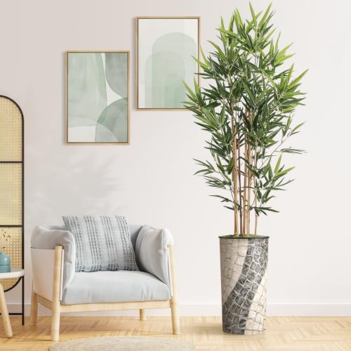 Artificial Tree in Geometric Pattern Planter, Fake Bamboo Silk TRE for Indoor and Outdoor Home Decoration - 70" Overall Tall (Plant Pot Plus Tree) - style: Bamboo