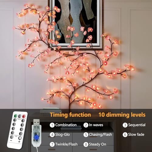 FNHMSL Cherry Enchanted Willow Vine Lights, 5.25FT 72LED Pink Cherry Blossom Tree Branch Lights for Wall, Remote Timer,8 Light Model,Bedroom Wall Doors Wedding, Christmas, USB Battery Box - color: Pink Cherry 72 LED, size: 5.25FT