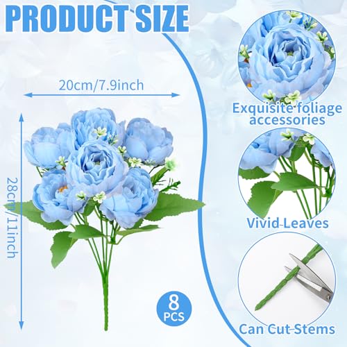 8 Pack Blue Peonies Artificial Flowers, Fake Silk Hydrangea Bouquet for Bridal Wedding Home Table Decor Reusable Dining Opening Ceremony Birthday Arrangement Faux Floral - color: Blue