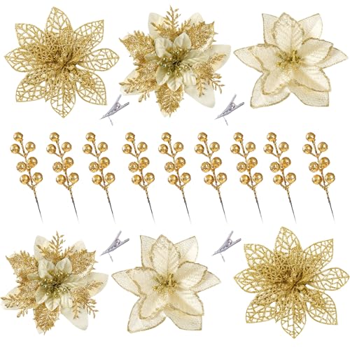 Sggvecsy 30 Pcs 3 Styles Christmas Glitter Poinsettia Flowers Artificial Berry Picks Christmas Tree Ornaments Artificial Christmas Flowers with Clips for Xmas Wedding Wreath Floral Decorations(Gold) - color: Gold
