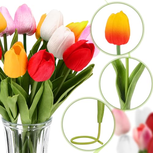 Janinka 75pcs Artificial Tulip Flowers Fake PU Tulips Faux Latex Bouquet Flower Centerpieces Arrangement Floral for Wedding Spring Decorations (1 Head,White,Red,Sunset Red,Pink,Gold) - color: White, Red, Sunset Red, Pink, Gold