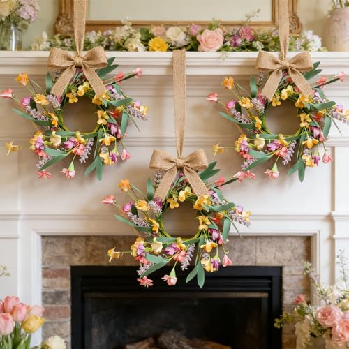 6 Pcs Mini Yellow Flowers Hanging Wreaths for Cabinets Artificial Spring Small Candle Ring Wreaths with Pink Floral and Purple Lavender for for Home Kitchen Front Door Window Farmhouse Porch Wall - color: Colorful Forsythia
