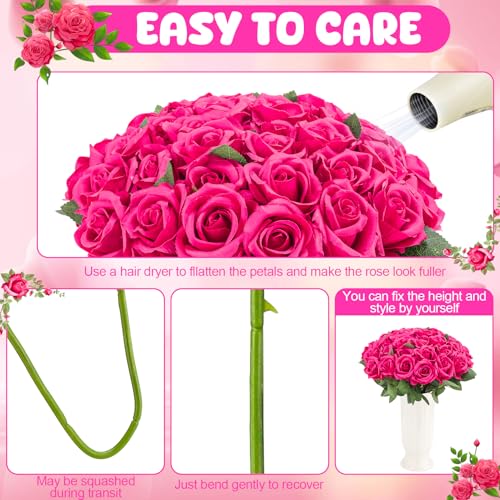 36 Pcs Hot Pink Artificial Roses with Long Stems, Fake Silk Rose Artificial Flowers Bulk for Bridal Wedding Bouquet Centerpiece Ball Arrangement Party Decor - color: Hot Pink