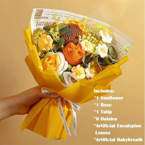 Rimvoe Crochet Flowers Bouquet, Handmade Knitted Sunflower Rose Tulip Puff Flower Bouquet, Gift for Mother Wife on Birthday Valentines Anniversary