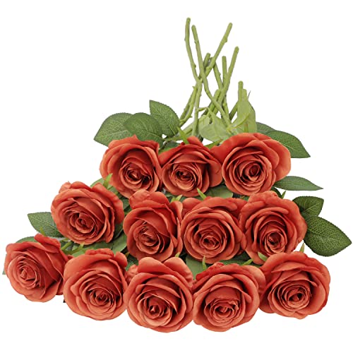 JUSMAI 12pcs Roses Artificial Flowers Burnt Orange Fake Roses Flowers with Long Stems Silk Flowers for Wedding Bouquet Centerpices Decorations Party Bridal Baby Shower Home Decor - color: Burnt Orange, size: 12PCS