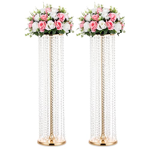 Nuptio 2 Pcs 35.4inch Tall Gold Crystal Wedding Centerpieces Flower Vases for Party Tables Decorations - color: Gold, size: 2 Pcs 35.4 inch