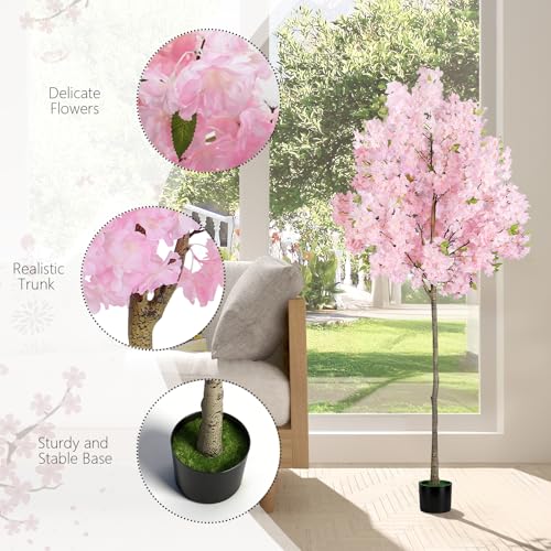 6FT Pink Artificial Cherry Blossom Tree, Realistic Potted Faux Cherry Tree, Silk Flower Fake Tree, Artificial Plants for Home Office Wedding Party Indoor Outdoor Front Door Decoration - size: 6FT