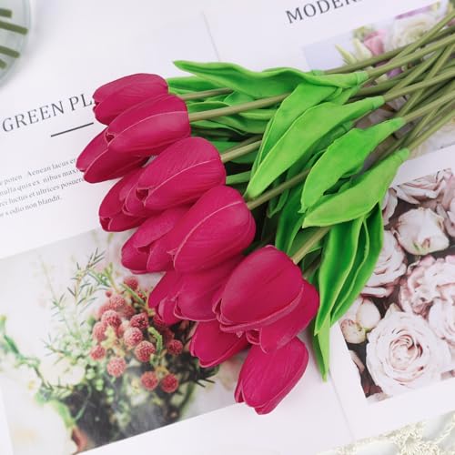 Beferr 18pcs Tulips Artificial Flowers Faux Tulip Real Touch Fake Flowers Bouquets Arrangements for Mothers Day Easter Spring Flowers Gifts Home Table Decor Rose Red - color: P-18pcs-1colors-rose Red, size: 18PCS
