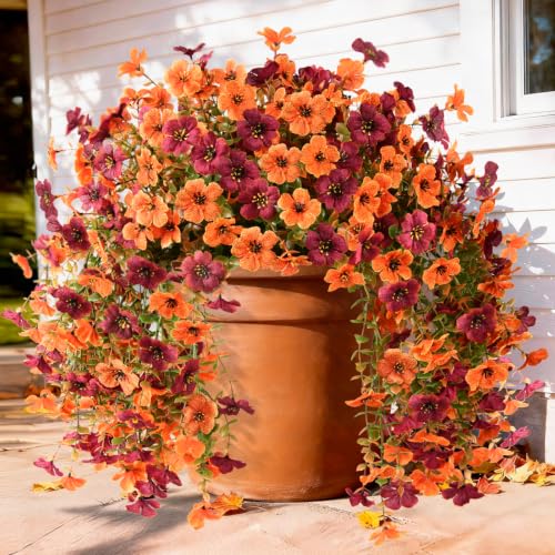ZFProcess Artificial Hanging Flowers for Outdoors Fall Decoration, 2PCS Silk Fake Daisy Realistic Outdoor Flowers UV Resistant Porch Patio Window Yard Decor - color: Orange+brown