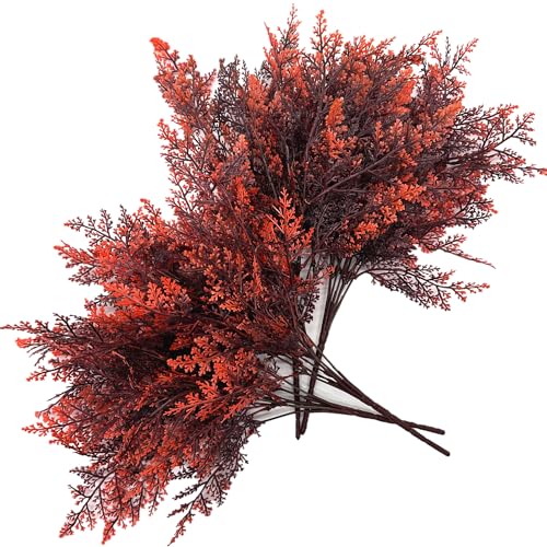 PASYOU Artificial Fern Plants, Fake Ferns Shrub Plant Plastic Greenery Faux Grass Leaf Stems Boston Leaves for Outdoor Indoor Home Garden Décor Party Office Wedding DIY Decoration Red 4 Pack - color: Red Fern Shrubs - 4 Pack