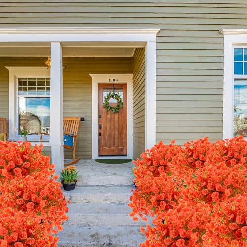 Artificial Flowers for Outdoors 12 Bundles Realistic Faux Plants UV Resistant Fake Silk Morning Glory with Eucalyptus for Front Door Planter Patio Porch Fall Thanksgiving Autumn Decoration (Orange) - color: Orange