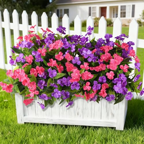Artificial Impatiens Flowers for Outdoors, 6 Bundles Silk Fake Flowers for Spring Summer Decoration, UV Resistant Faux Plants Plastic Bouquet for Home Planter Porch Patio Yard Decor(Purple Rose Red) - color: Purple,rose Red