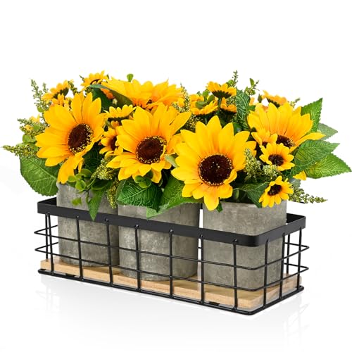 3 Potted Artificial Plants Flowers for Home Decor Indoor, Centerpiece Table Decorations for Dining Room and Coffee Table, Yellow - color: Yellow