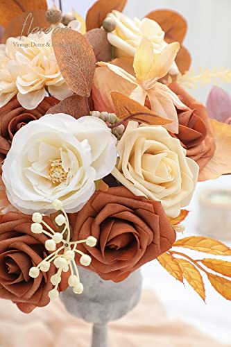 Floroom Artificial Flowers 25pcs Real Looking Burnt Orange Foam Fake Roses with Stems for DIY Terracotta Wedding Bouquets Bridal Shower Centerpieces Floral Arrangements Party Tables Home Decorations - color: Burnt Orange, size: 25Pcs