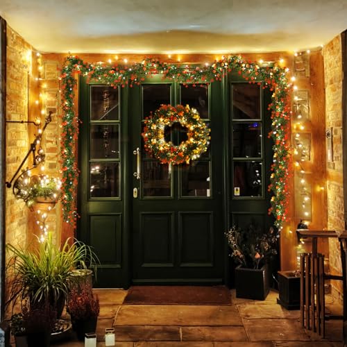 RECUTMS Faux Spring Eucalyptus Garland Artificial Hanging Vines Wedding Greenery Garland with Lights Faux Plants Indoor Flower Vine for Wall Fireplace Table Porch Door Decoration(Orange) - color: Orange With Lights