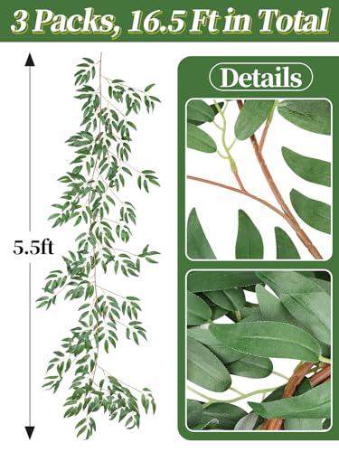 ANPHSIN Fake Vines Greenery Garland - 3 Packs Total 16.5ft Green Willow Leaf Vine Garland, Artificial Leaves Wall Hanging Decor for Home, Room, Wedding Arch, Centerpieces - color: 3pcs
