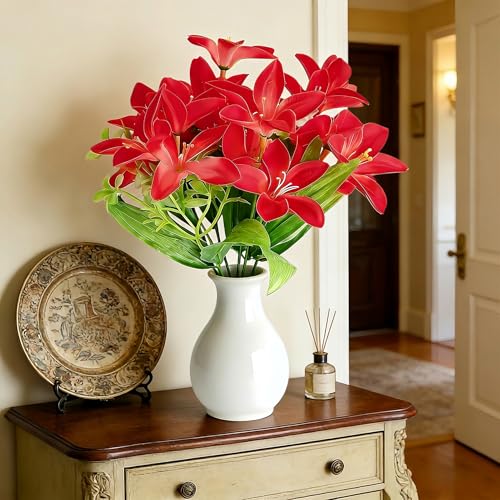 5PCS Rose Red Artificial Lilies Fake Lily Flowers, 18 Heads Bouquet Home Decor Easter Spring Wedding Centerpieces Indoor Outdoor Faux Floral Arrangements, Mother's Day Valentine's Day Gift