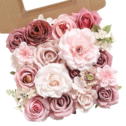 Artificial Flowers Combo Box Nude Pink Flowers Silk Fake Roses Dahlia with Stems for DIY Wedding Bridal Bouquets,Table Centerpieces,Cake Floral Arrangement,Baby Shower,Birthday Home Decor - color: Coffee Pink
