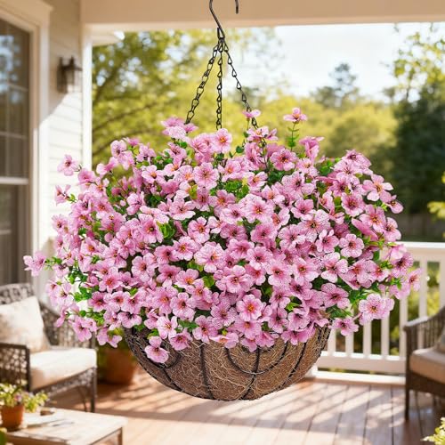 Artificial Fake Hanging Flowers Plants Basket for Outdoors Outside Spring Decoration,Hanging Planters with Faux Silk Flowers Realistic UV Resistant for Balcony Porch Patio Garden Fron Home Decor（Pink） - color: Pink