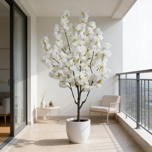 BINCUE Artificial White Cherry Blossom Tree Fake Tree Cherry Blossom Decor Fake Flowers Faux Flowering Tree White Flowers Floral Artificial Plants for Indoors Outdoors Room Home Decor Gift 6FT - color: White-03ap
