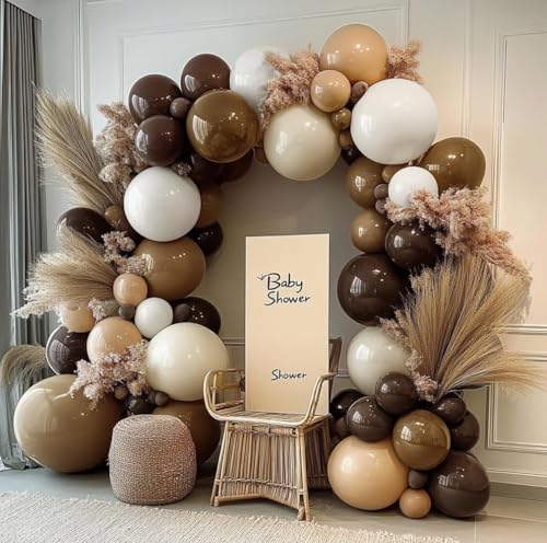 Brown Nude Balloon Arch Kit Double Stuffed Neutral Blush White Sand Balloon Garland Latex Coffee Tan Cream Balloons for Baby Shower Birthday Boho Woodland Wild Bridal Bear Wedding Party Decor - color: Neutral Brown White