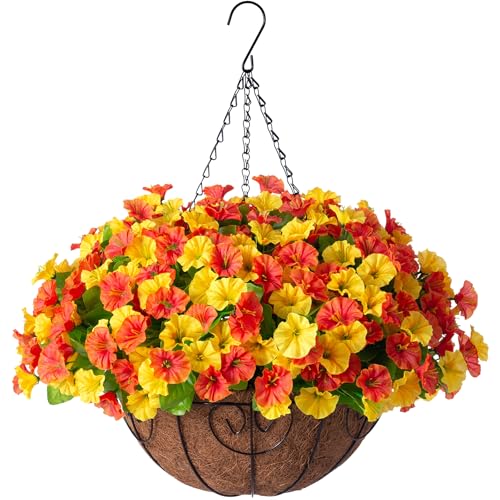 Ammyoo Artificial Hanging Flowers with Basket, Faux Silk Petunias Flower Arrangement, Coconut Lining with Morning Glories Fake Plants Patio Garden Porch Deck Fall Decor(Orange Yellow) - color: Orange and Yellow