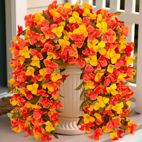 INXUGAO 2 pcs Artificial Faux Bougainvillea Fall Flowers Plants for Outdoor Outside Decoration, Fake Silk UV Resistant Long Trailing Vines for Front Door Porch Planter Balcony Decor - color: Orange Yellow