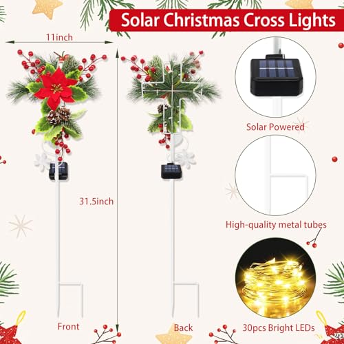 4 Pack Solar Christmas Decorations Outdoor, 32 Inch Solar Christmas Cross Stake Lights, Waterproof Grave Decorations with Poinsettia Flower Pinecones Red Berries for Garden Yard Patio Lawn Cemetery - color: Warm White, size: 4 Pack