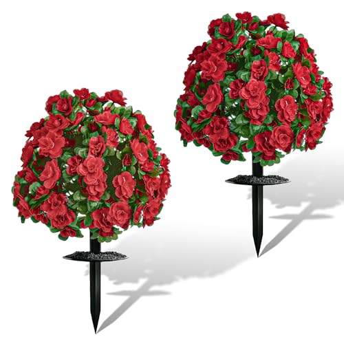 Artificial Flowers for Outdoors, Faux Outdoor Plants Fake Plants Topiary Balls Artificial Outdoor Set of 2 with Ground Spike for Home Front Porch Patio Garden Decor (Red) - color: Red
