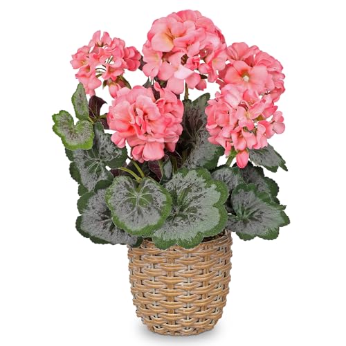 Briful Artificial Pink Geranium Flowers in Woven Basket, 14.5’’ Tall Silk Flower Arrangement, Realistic Geraniums Artificial Outdoor Plants for Home Indoor Farmhouse Table Wedding Centerpiece Decor - color: 14.5'' Tall Pink, Woven Basin