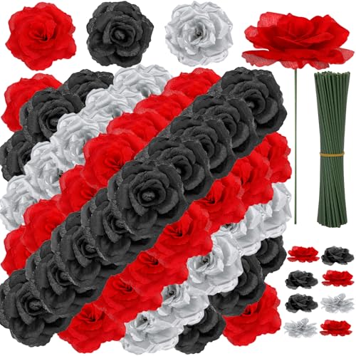 108pcs Roses Head Flowers with Stem - Red & Black Silver Graduation Artificial Flowers Rose Bulk - Silk Rose Fake Flower for Wedding Bouquet Decor DIY Baby Shower Centerpieces Grad Party Tables Decor - color: Silver-red-black