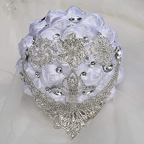 Big Size (8.26") Handmade Rhinestones White Bridal Wedding Bouquet Diamond Bridesmaids Satin Rose Flower with Ribbon for Wedding Time of Marriage (White) - color: White