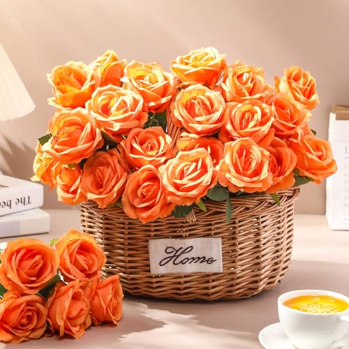 Thiccywoov 30 Pcs Rose Artificial Flowers in Bulk Lifelike Long Stem Silk Roses Bouquets Realistic Faux Flowers for Wedding Bridal Shower Home Decor Floral Arrangements Table Centerpiece(Orange) - color: Orange
