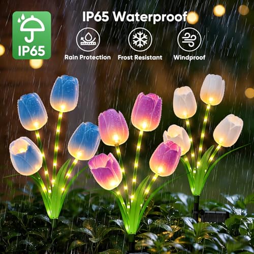 Solar Tulip Lights Outdoor: 3-Pack Solar Flower Garden Lights with Bendable Stems - IP65 Waterproof 800mAh for 12H Lighting - Auto On/Off Garden Decor - Gifts for Mom - Blue Purple White - color: Blue+Purple+White