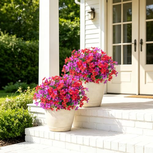 Artificial Faux Plants Flowers Outdoor Spring Summer Decoration, 12 Bundles Fake Silk Colorful Daisy Eucalyptus Realistic UV Resistant for Outside Home Planter Porch Patio Yard Decor (Red Purple) - color: Red & Purple B