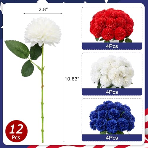 SITUMEIZI 12 Pcs Artificial Chrysanthemums Flowers Patriotic Red White Blue Fake Mums Silk 4th of July Decorations Memorial Day Table Centerpiece Floral Arrangement for Home Kitchen Wedding - color: Red/Blue/White, size: 12 Pieces