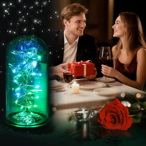 Childom Mothers Day Flowers Gifts for Mom from Daughter Son,Birthday Gifts for Women Mom Grandma Wife,Flowers for Delivery Prime,Rotating Blue Light Up Rose in A Glass Dome,Wedding Valentines Gifts - color: Rotating Blue Colorful Large