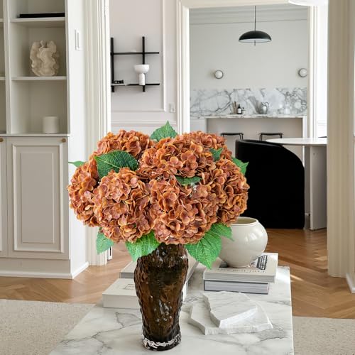 JINWOE Fall Hydrangea Artificial Flowers, 3Pcs 21" Raw Umber Brown Latex Real Touch Flowers, Faux Silk Flowers Fake Artificial Hydrangeas with Stems for Bouquet Table Centerpieces Halloween - color: Brown, size: 3pcs