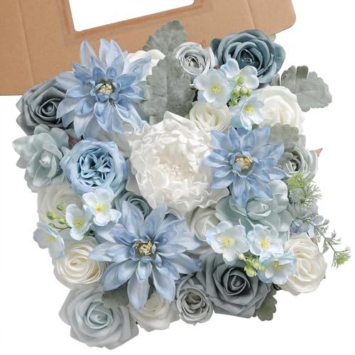 YYHUAWU Artificial Flowers Combo Set Fake Flower Leaf Box with Stems for DIY Wedding Bouquets Centerpieces Arrangements Baby Shower Party Home Decorations - color: Dusty Blue