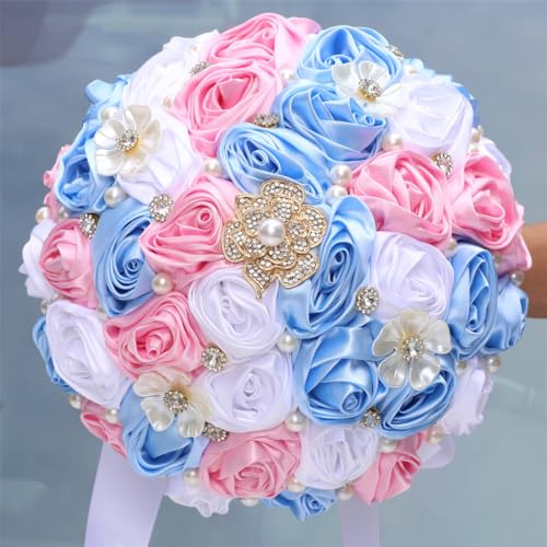 MaxxCloud 5.9‘’ Handmade Romantic Toss Bouquet for Bride Stunning Bridesmaid Brooch Wedding Bouquet with Jewelry Petals Blue Pink and White - color: Blue Pink+white, size: 5.9''/15cm