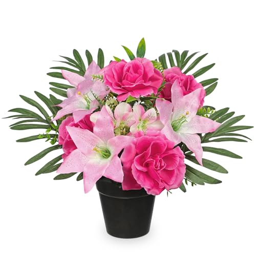 Hollyone Artificial Cemetery Flower for Graves, Pink Faux Lily Rose Flowers in Pot Silk Cemetery Memorial Flowers for Outdoors Gravesites Headstones Home Decoration - color: Deep Pink-rose Lily