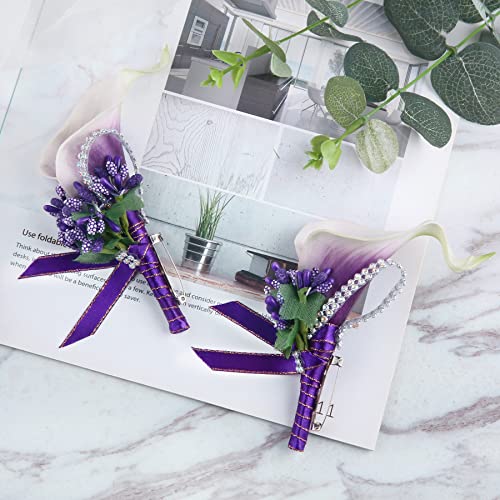 Calla Lily Boutonniere Men Wedding with Pins Set of 6, Handmade Picasso Calla Lily Groom Groomsman Boutonniere for Wedding Ceremony Anniversary (Purple) - color: Calla Lily- Purple, size: 6 Packs