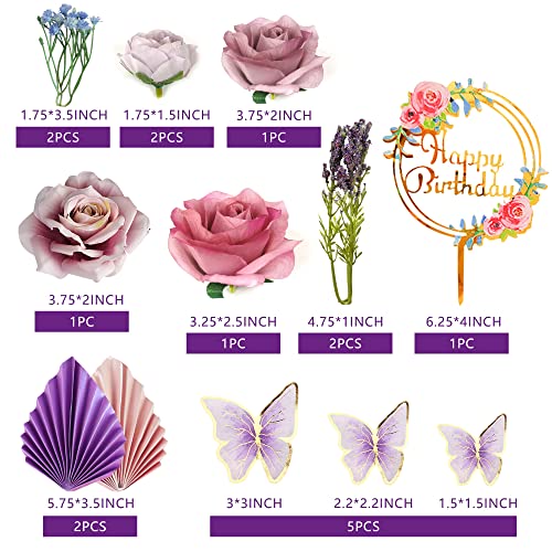 17 PCS Flower Cake Toppers Butterfly Cake Decorations Happy Birthday Cake Toppers with Artificial Purple and Pink Rose Eucalyptus for Birthday Wedding (Purple) - style: Purple