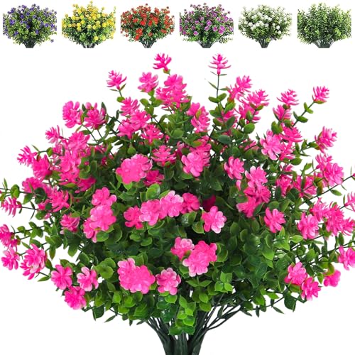 RECUTMS Artificial Flowers Outdoor Artificial Fake Flowers Fake Greenery Plants Faux Outdoor Plastic Plants UV Resistant Shrubs Boxwood Plant Eucalyptus Hanging Basket Home Garden Decor,8 Pcs(Pink) - color: Pink, size: 8 Pcs