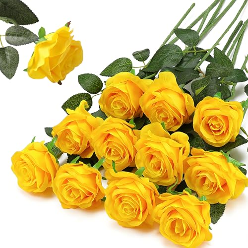 Yellow Fake Roses Artificial Flowers - 10 Pcs Fake Artificial Roses Silk Flowers with Stems for Home Wedding Hotel Office Centerpiece Decor - color: Yellow, size: 10 Pcs